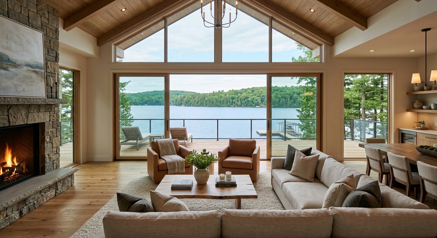 Luxury Michigan lake house living room with panoramic water view